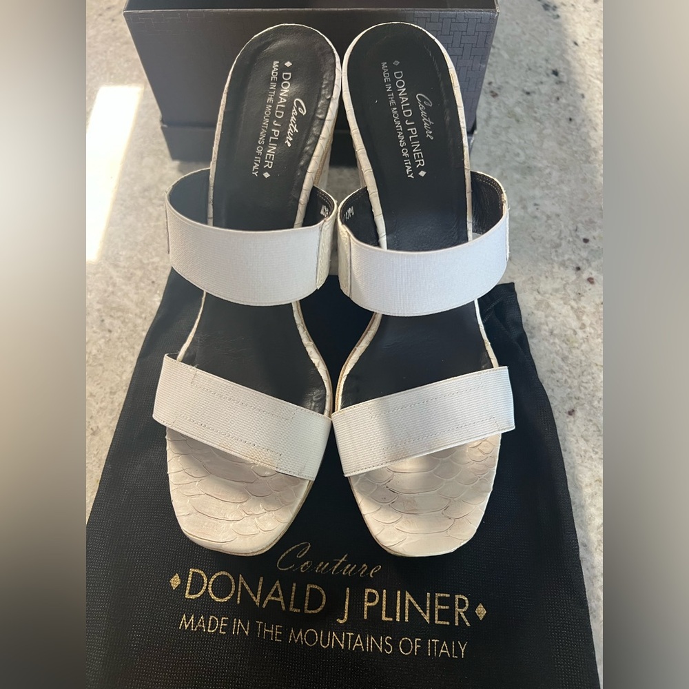 Donald J. Pliner White and Tan Wedge Sandals with Textured Straps